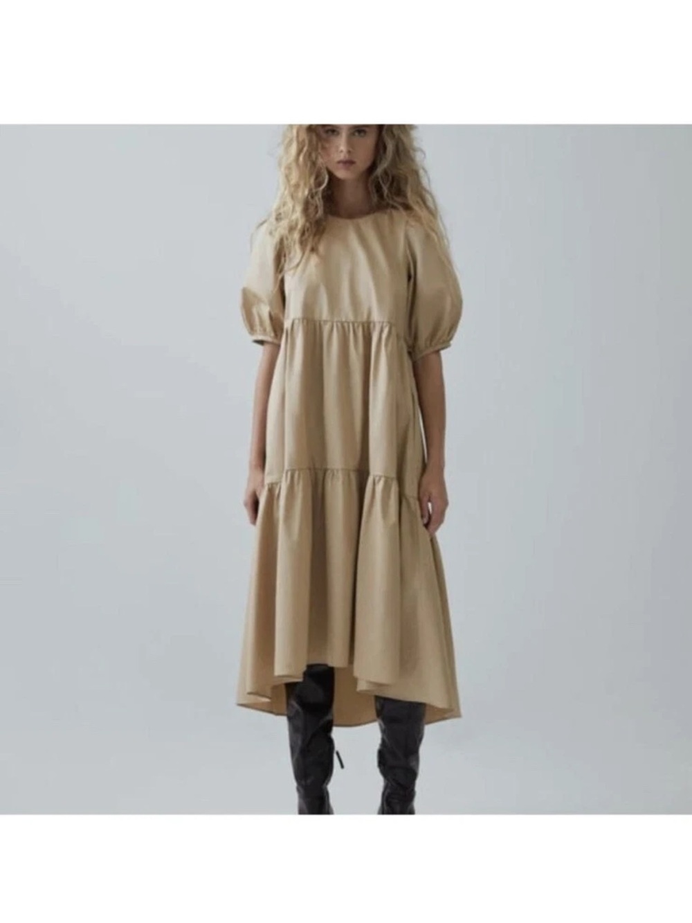 Zara Beige Tiered Puff-Sleeve Dress Blogger Fave Women’s Large Neutral